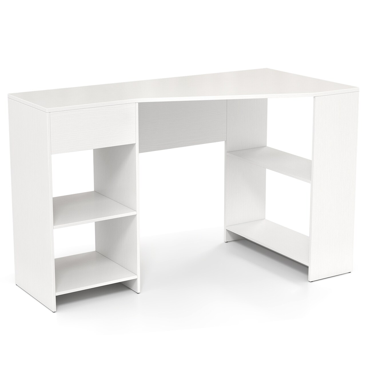 White Engineered Wood L-Shaped Computer Desk with Drawer and Storage Shelves